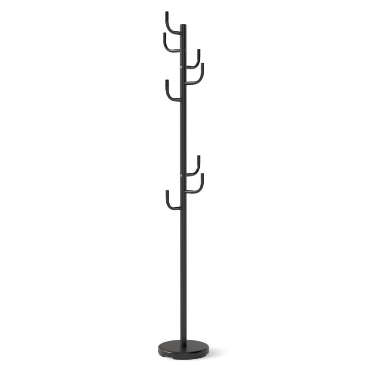 Tall metal coat rack stand with 8 sturdy hooks and stable round base, ideal for entryway or hallway organization.