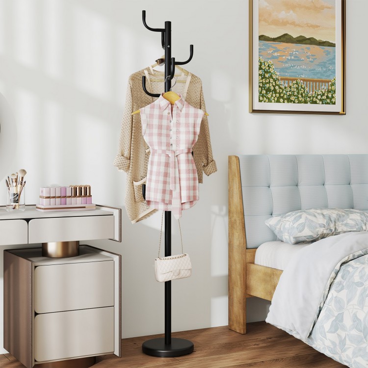 Metal coat rack stand with 8 sturdy hooks, featuring a stable round base, ideal for bedroom or entryway organization.