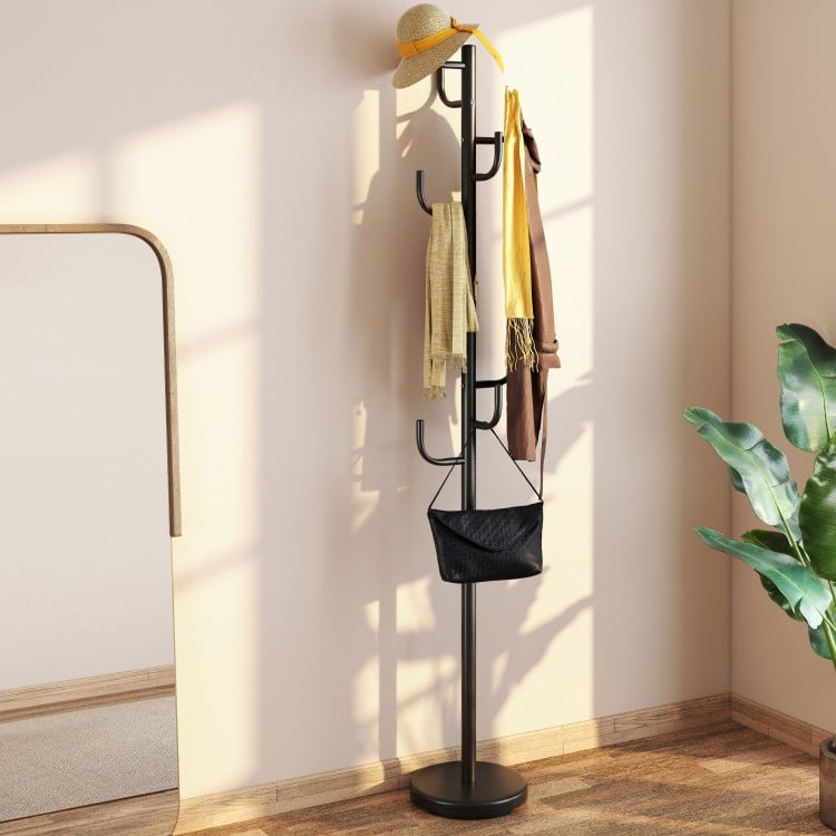 Tall metal coat rack stand with 8 sturdy hooks and a stable base, perfect for entryways and bedrooms.
