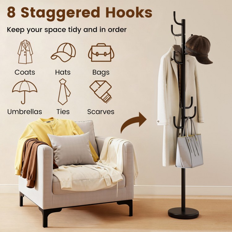 Metal coat rack stand with 8 sturdy hooks, featuring a stable base, ideal for organizing coats and bags in entryways.