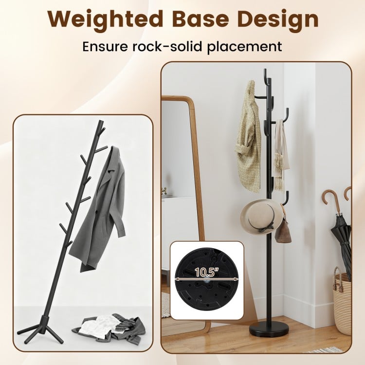 Metal coat rack stand with 8 sturdy hooks and a stable round base, perfect for hallway or entryway organization.