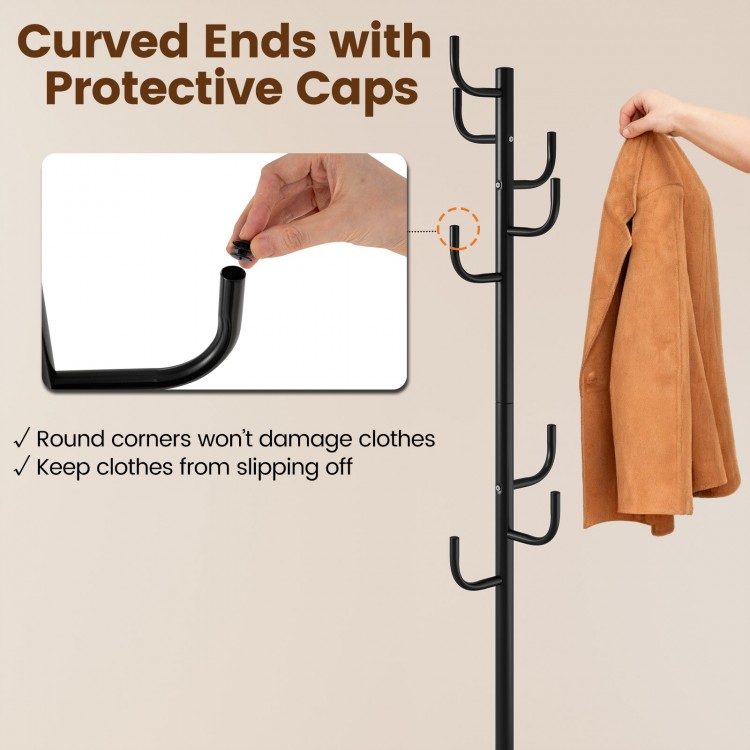 Metal coat rack stand with 8 sturdy hooks, featuring curved ends for delicate clothing protection and a stable base.