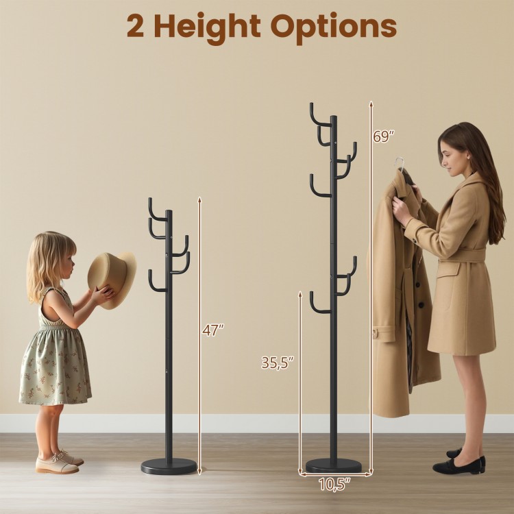Metal coat rack stand with 8 sturdy hooks, shown in two height options, ideal for hallway or entryway organization.