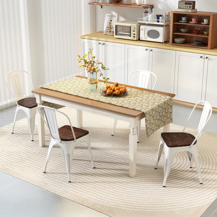 Stackable metal dining chairs with wood seats and detachable backrests, perfect for kitchens and dining areas.