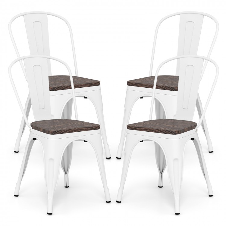 Set of 4 stackable white metal dining chairs with wood seats and detachable high backrests for kitchen or cafe use.