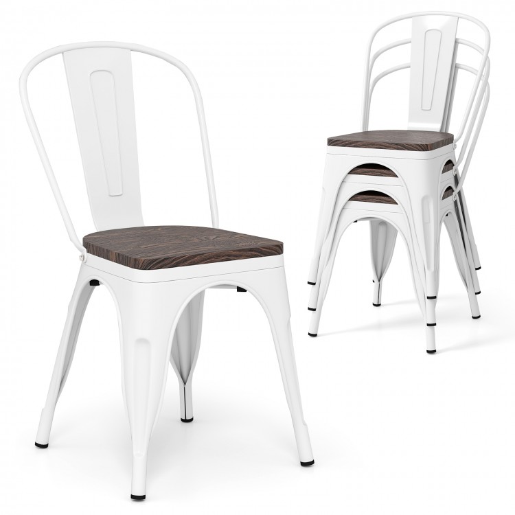 Stackable white metal dining chairs with detachable high backrest and elm wood seat, ideal for kitchens and cafes.