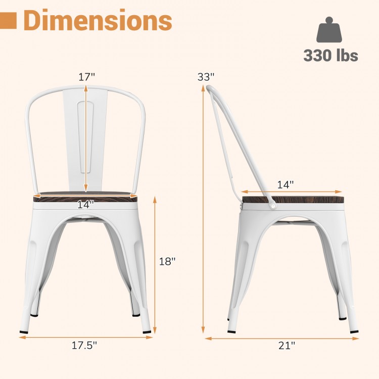 Dimensions of stackable metal dining chair with wood seat and detachable backrest, supports up to 330 lbs.