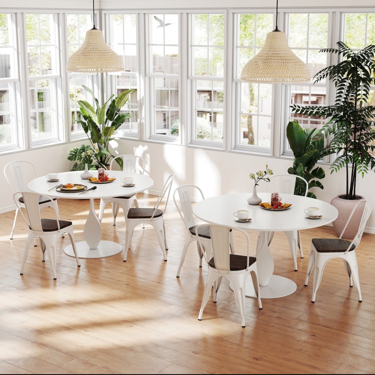 Stackable white metal dining chairs with wood seats and detachable backrests, perfect for kitchen or cafe settings.
