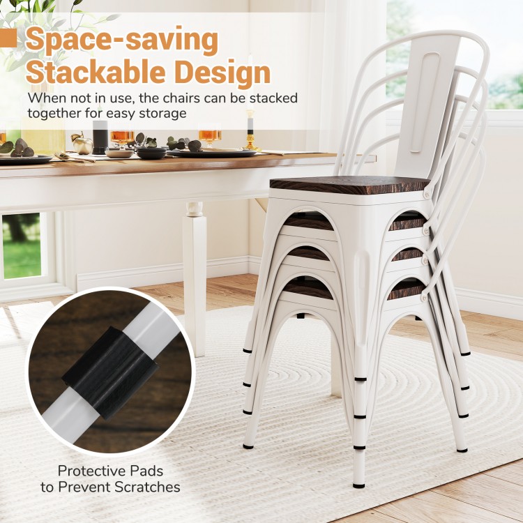 Stackable metal dining chairs set of 4 with wood seat, featuring protective pads for easy storage and floor protection.