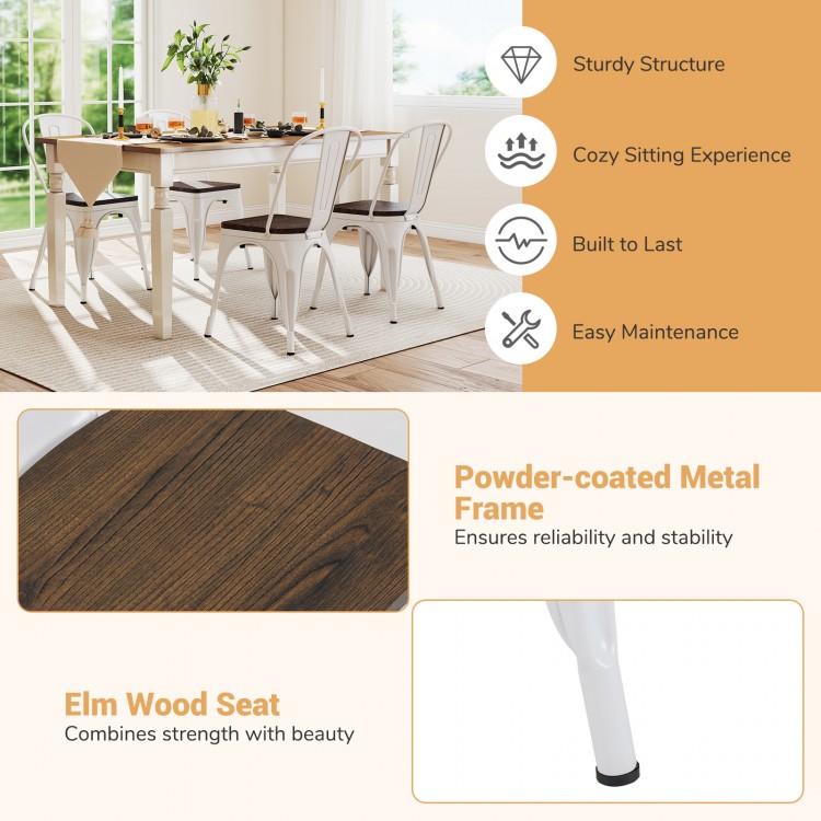 Stackable metal dining chairs set of 4 with elm wood seat and detachable high backrest for home or cafe use.