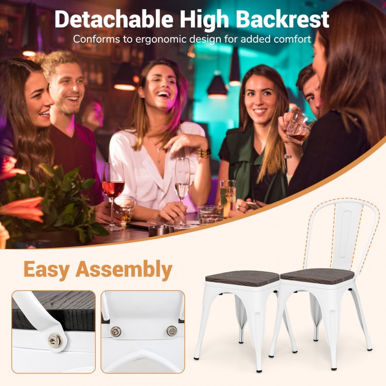 Stackable metal dining chairs with detachable high backrest and wood seat, ideal for home, cafe, or restaurant use.