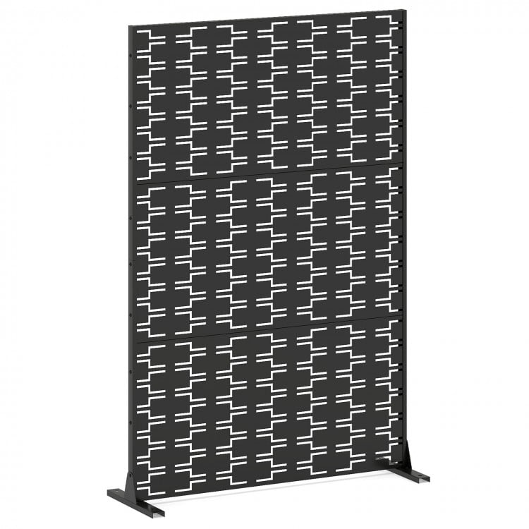 Freestanding black metal privacy screen, 72 x 48 inches, featuring a hollowed design for ventilation, ideal for indoor.