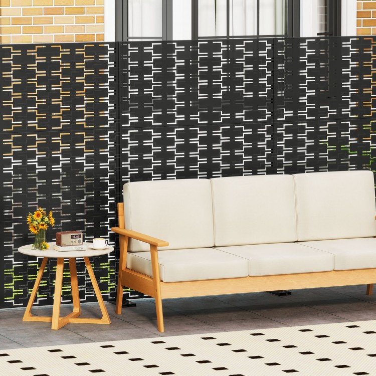 Freestanding black metal privacy screen with H-shaped legs, ideal for indoor or outdoor use and stylish ventilation.
