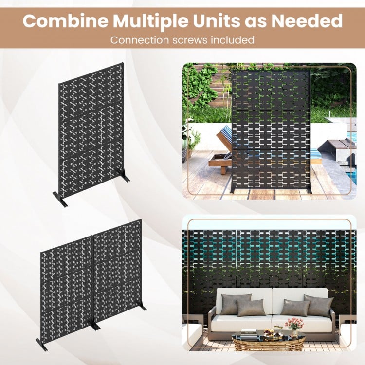 Freestanding black metal privacy screen, 72 x 48 inches, with H-shaped legs for stability, ideal for indoor and outdoor.