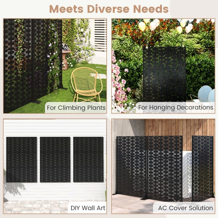 Freestanding black metal privacy screen, 72 x 48 inches, ideal for climbing plants and outdoor decoration solutions.