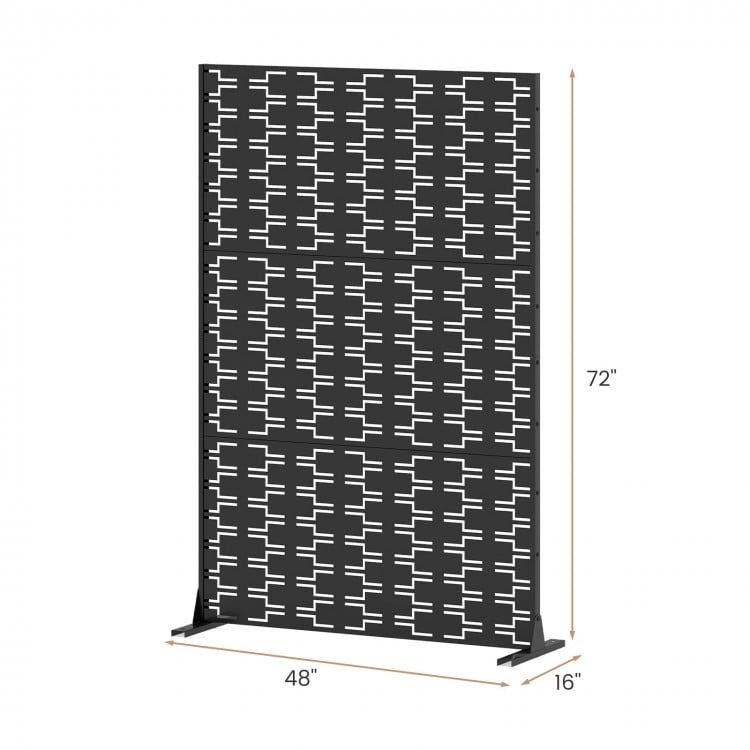 Metal privacy screen, 72 x 48 inches, showcasing dimensions and robust H-shaped legs for versatile indoor or outdoor.
