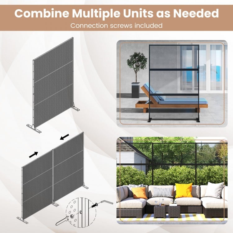 Metal privacy screen in black with mesh surface and H-shaped legs, ideal for outdoor use and combining multiple units.