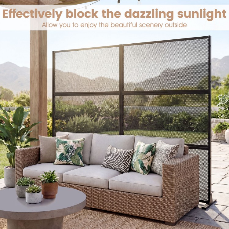 Metal privacy screen in black with mesh surface, enhancing outdoor space while blocking sunlight for added comfort.