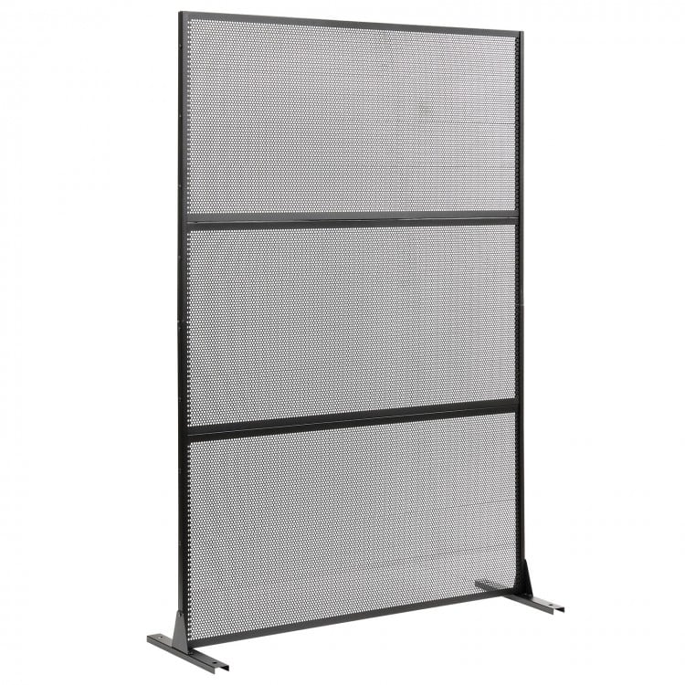 Metal privacy screen in black with mesh surface and H-shaped legs for stability, ideal for outdoor or indoor use.