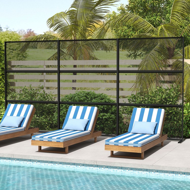 Metal privacy screen in black with mesh surface, ideal for outdoor use, providing ventilation and stylish concealment.