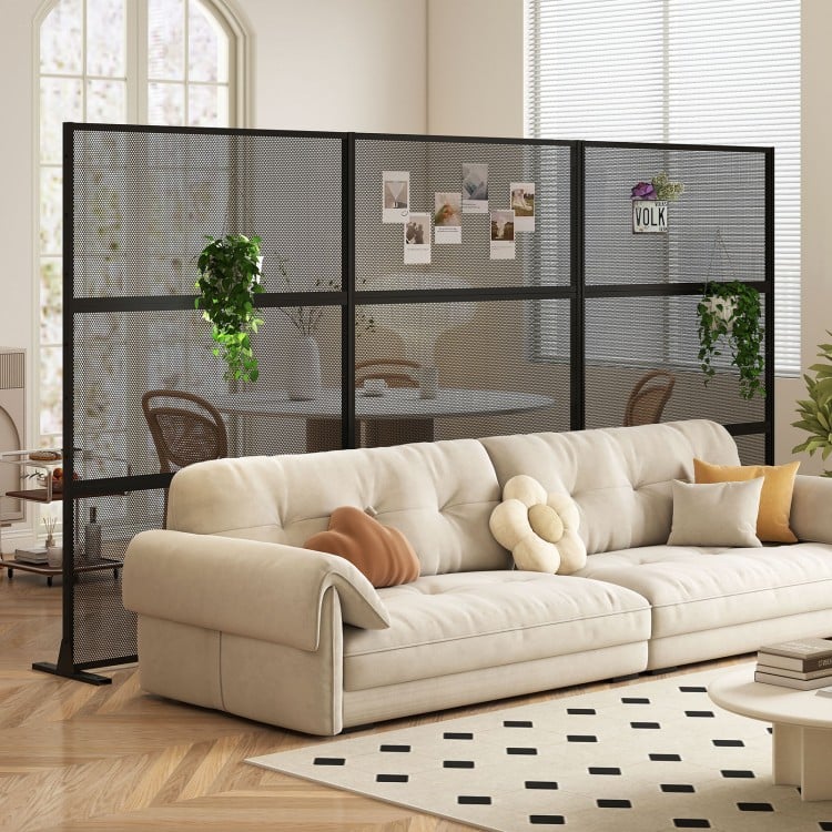 Metal privacy screen in black with mesh surface, ideal for indoor use or outdoor installation with expansion bolts.