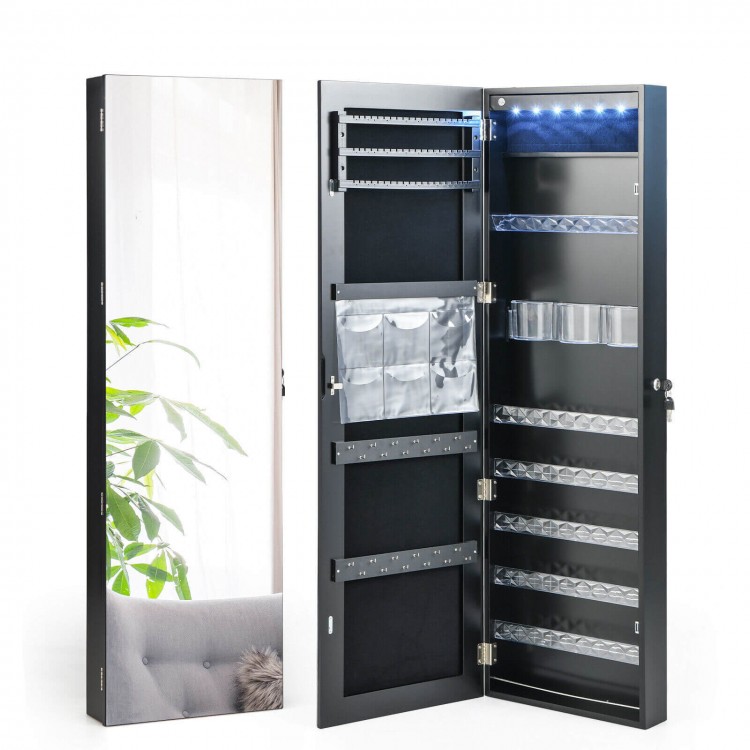 Wall-mounted jewelry armoire in black with LED mirror, featuring adjustable hooks and spacious storage for jewelry and.