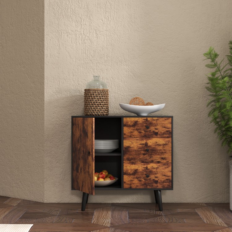Mid-century wood storage cabinet showcasing a vintage finish, with a two-tier door and smooth sliding drawers for easy.