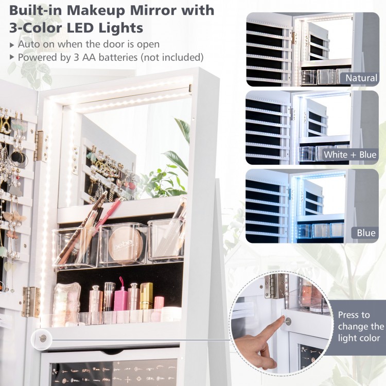 360° rotating mirrored jewelry cabinet armoire in white with built-in 3-color LED lights for convenient makeup.