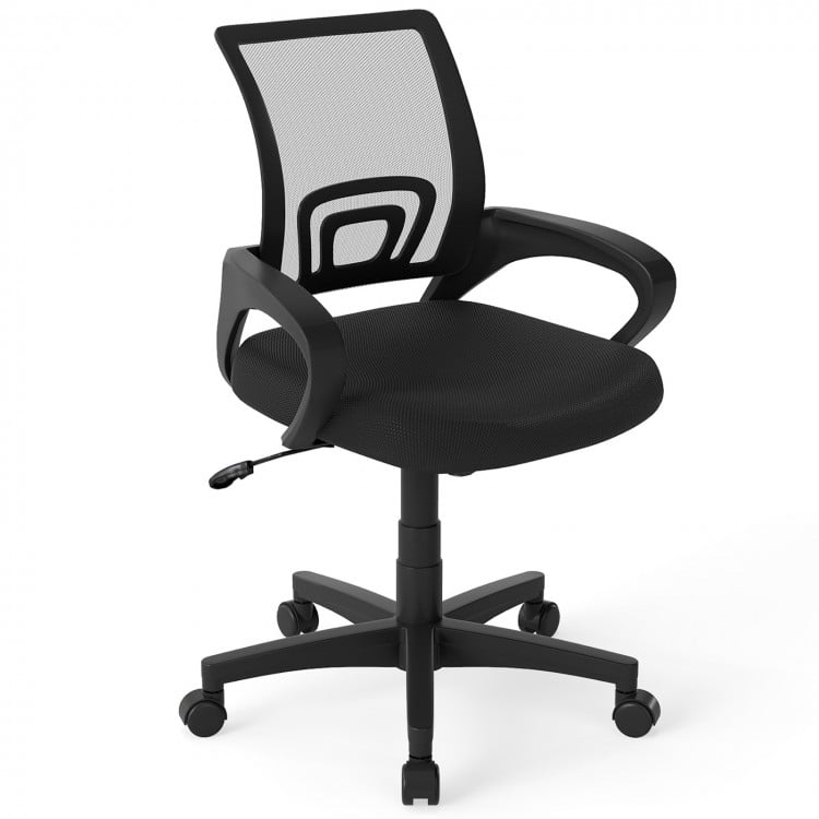 Mid-back mesh office chair in black with ergonomic lumbar support and adjustable height for optimal comfort.
