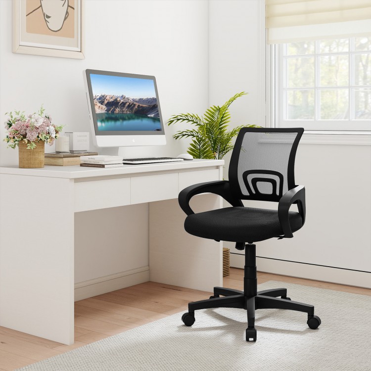 Mid-back mesh office chair in black with lumbar support, ergonomic design, and adjustable height for optimal comfort.
