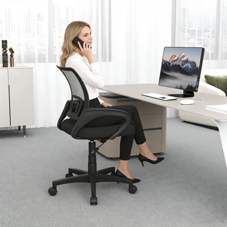 Mid-back mesh office chair with lumbar support, ergonomic design, and adjustable height for comfortable workspace use.