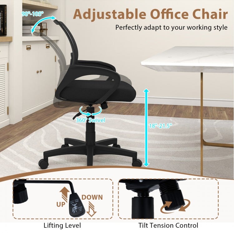 Mid-back mesh office chair with lumbar support, adjustable height, and 360° swivel for ergonomic comfort in any.