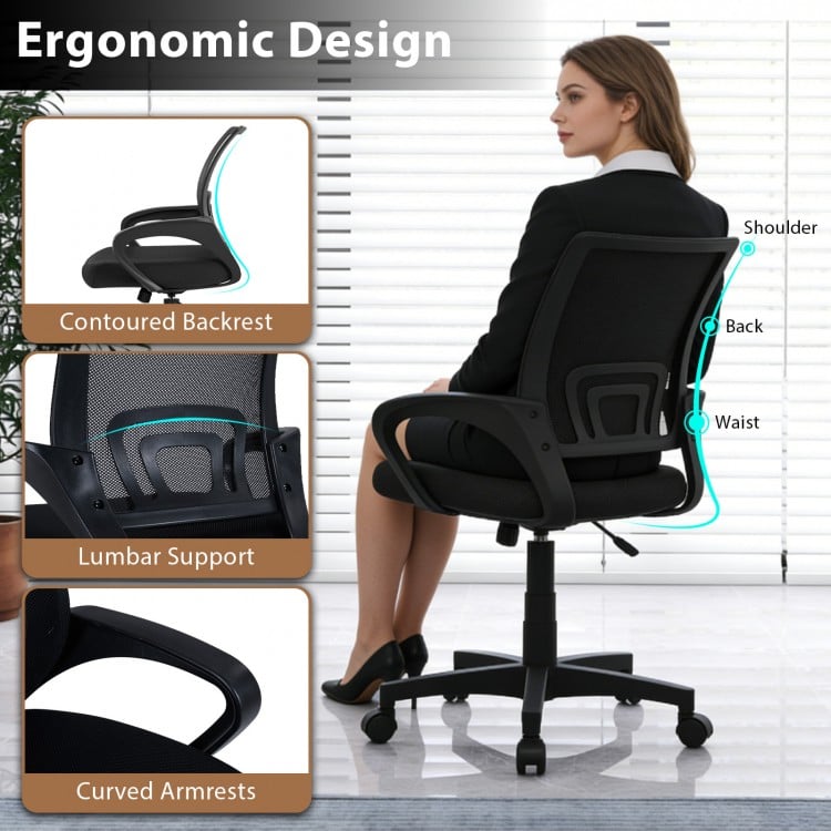Mid-back mesh office chair with lumbar support, contoured backrest, and curved armrests for ergonomic comfort.