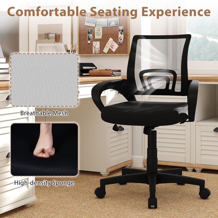 Mid-back mesh office chair with ergonomic lumbar support, breathable fabric, and sponge seat for comfort in home or.