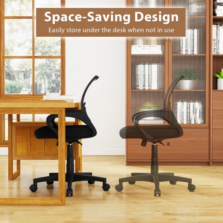 Mid-back mesh office chair in black with ergonomic lumbar support, ideal for home or office use, shown in a workspace.