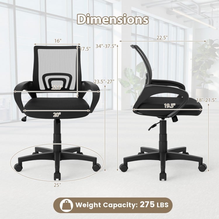 Mid-back mesh office chair dimensions with lumbar support, adjustable height, and ergonomic design for comfort.