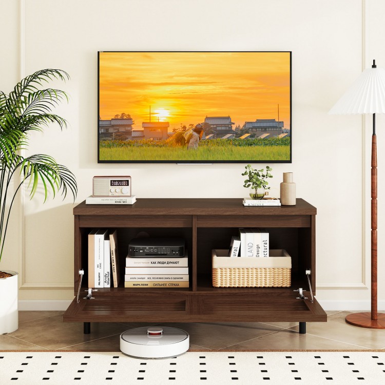 Mid Century Fluted TV Stand in walnut with open compartment and hidden cable hole, perfect for 40" TVs and storage.