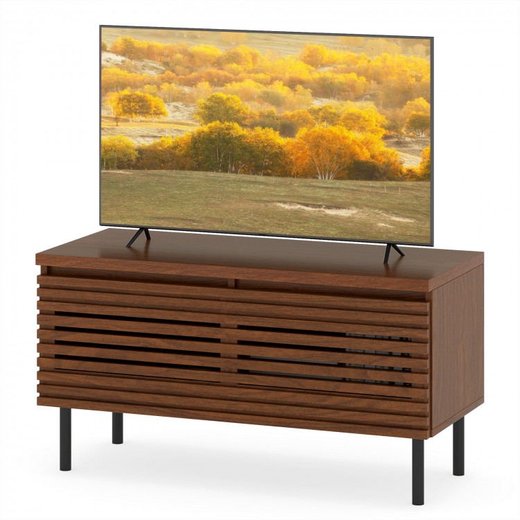 Mid Century fluted TV stand in walnut with spacious tabletop and large drawer, perfect for stylish storage and.