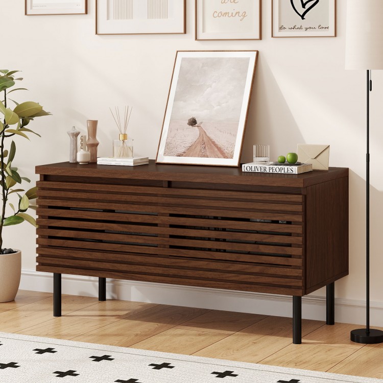 Mid Century fluted TV stand in walnut with metal legs, featuring hidden compartments for organized storage and cable.