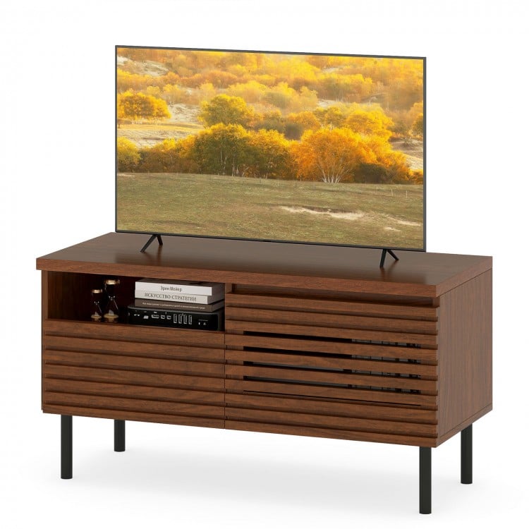 Mid Century fluted TV stand in walnut with open compartment and drawer, perfect for 40-inch TVs and stylish storage.