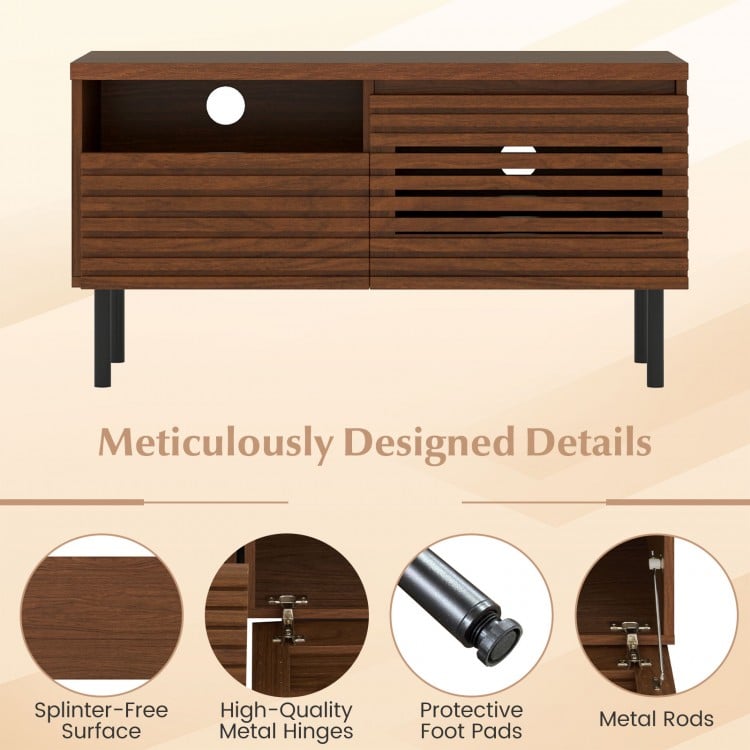 Mid Century Fluted TV stand in walnut featuring protective foot pads and high-quality metal hinges for smooth operation.