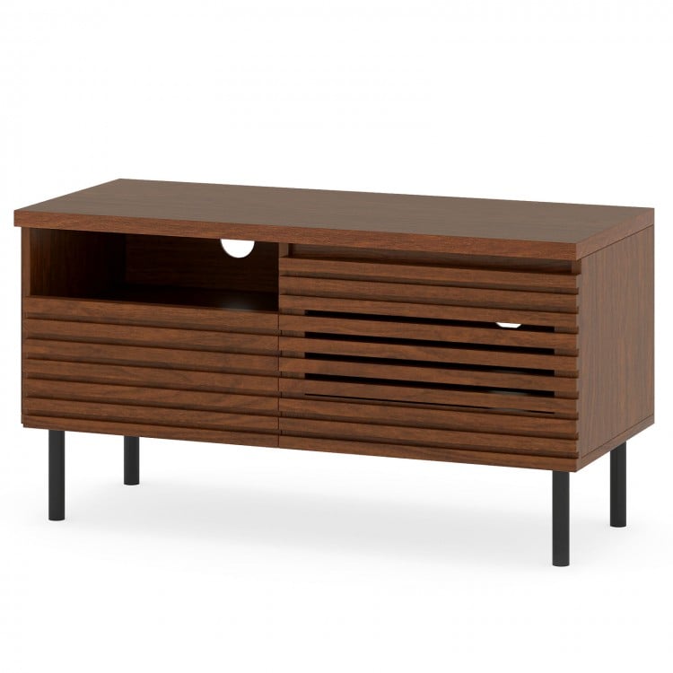 Mid Century Fluted TV stand in walnut with sleek metal legs and ample storage space for a modern entertainment center.