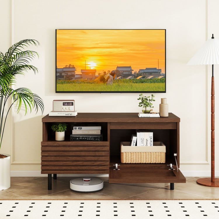 Mid Century Fluted TV stand in walnut featuring a spacious tabletop, ideal for showcasing decor and modern.