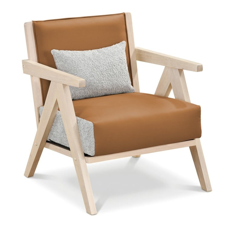 Mid-century modern accent chair with brown artificial leather and rubber wood frame, featuring a removable cushion and.