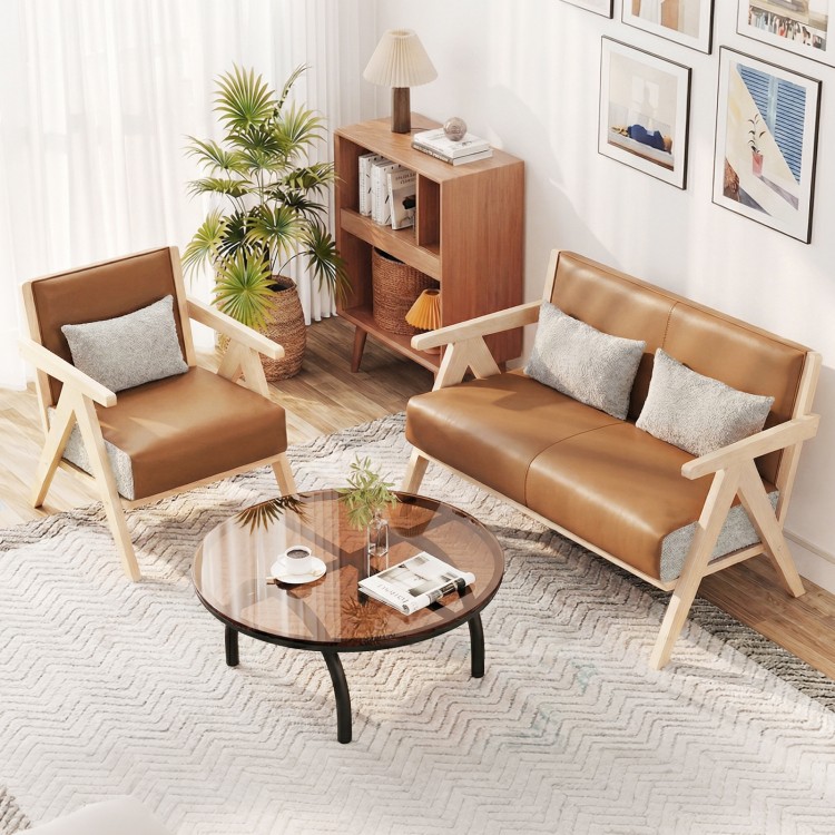 Mid-century modern accent chair in brown artificial leather with rubber wood frame, perfect for living room or office.