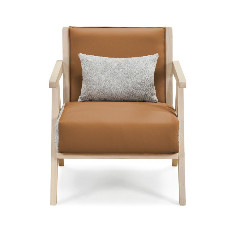 Mid-century modern accent chair in brown artificial leather with rubber wood frame and a throw pillow for added comfort.