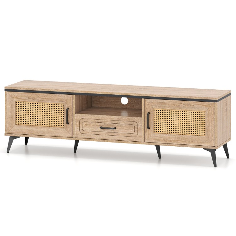 Mid Century Modern entertainment center with faux rattan accents, featuring an open compartment and convenient handles.