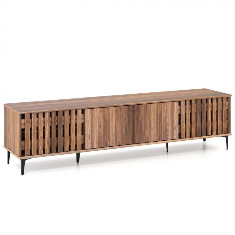 Mid-century modern entertainment center in walnut with slatted doors, featuring 4 storage cabinets for living room.