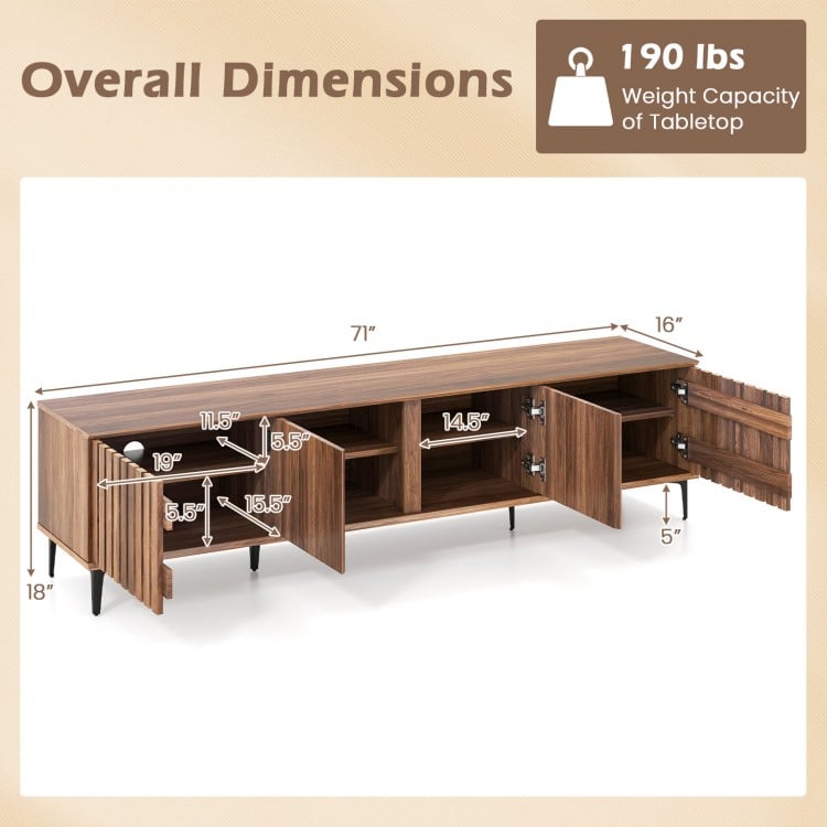 Mid-century modern entertainment center dimensions with walnut finish, featuring 4 storage cabinets and cable.