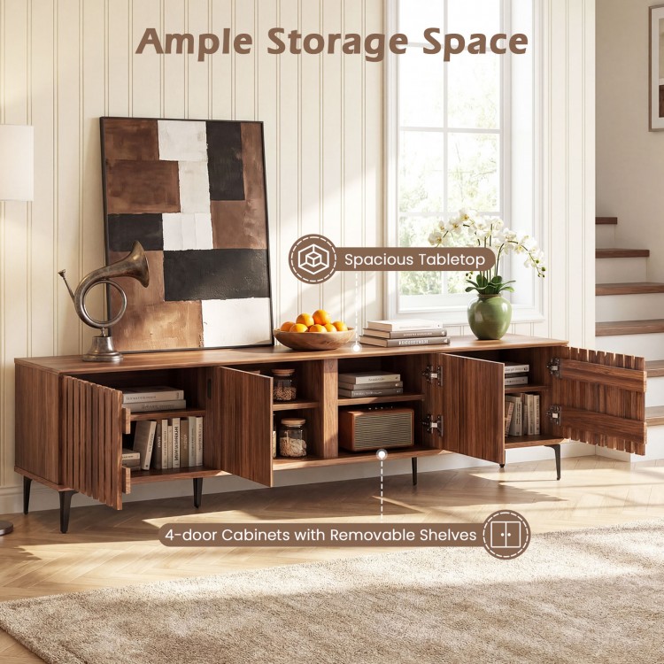 Mid-century modern entertainment center in walnut with spacious tabletop and 4-door cabinets for versatile storage.